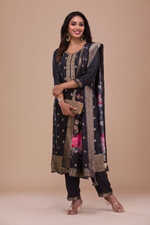 Black Zariwork Art Silk Readymade Salwar Suit