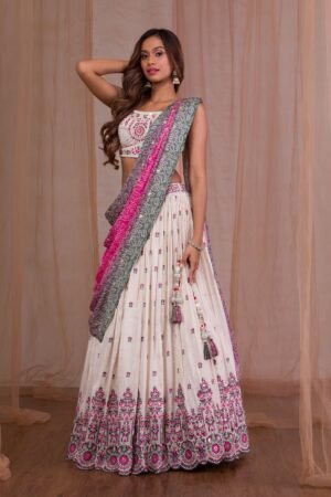 Cream Threadwork Semi Crepe Readymade Lehenga