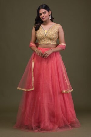 Yellow Mirrorwork Net Readymade Lehenga