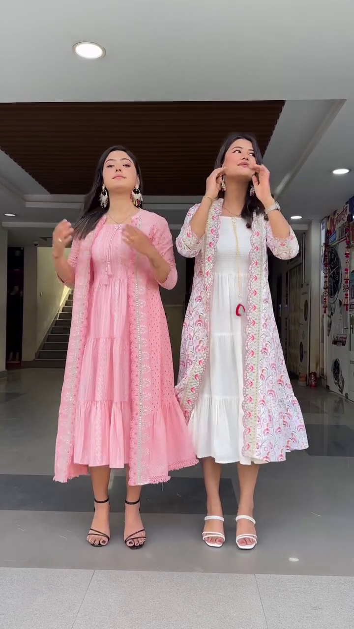 Pink Floral Embroidered Tiered Cotton Fit and Flare Midi Dress With Shrug - Image 10