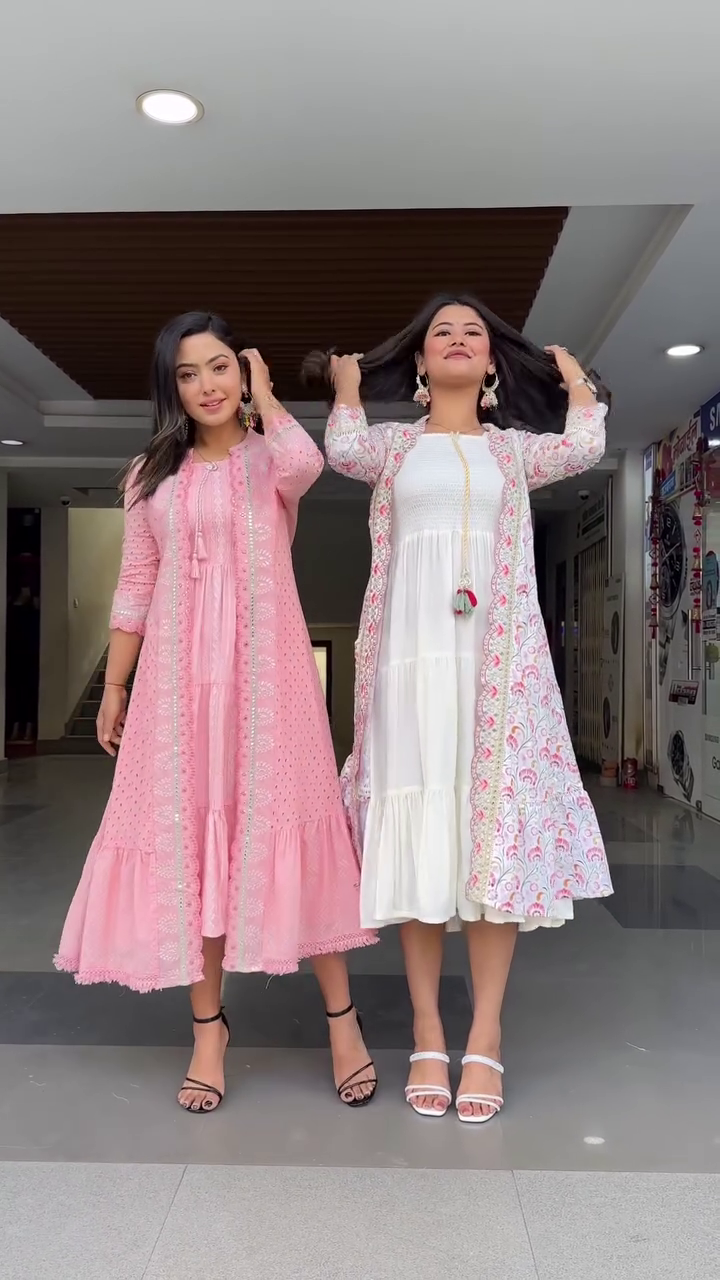 Pink Floral Embroidered Tiered Cotton Fit and Flare Midi Dress With Shrug