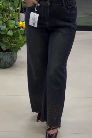 Midnight Indigo Cut-Out Scalloped Flare Jeans – Floral Embroidered Wide-Leg Denim