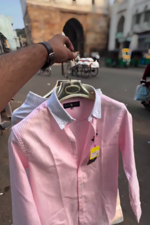 Men's Pink Pure Cotton Regular Fit Striped Full Sleeves Casual White Cuffs Collar Shirt