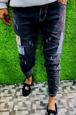 Men’s Slim Fit Distressed Patchwork Denim Jeans