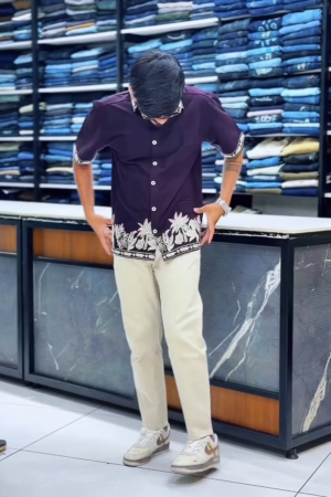 Men Cuban Collar Floral Printed Cotton Casual Shirt