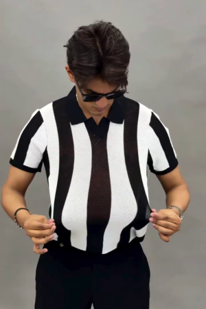 Men Striped Polo Collar Cotton T-shirt