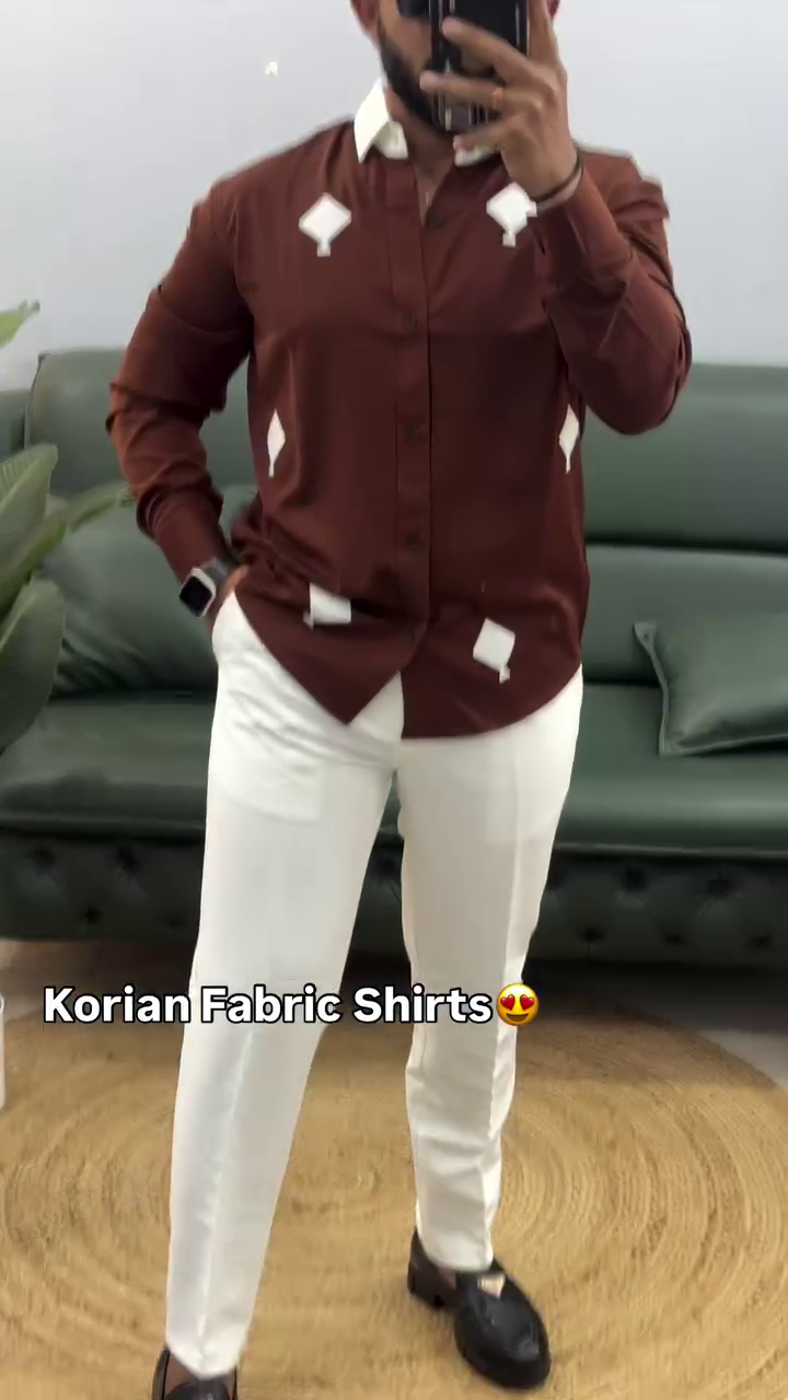 Men Standard Fit Embroidered Spread Collar Satin Casual Shirt - Image 6