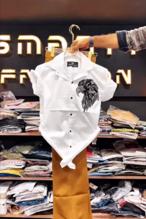 Graphic Printed Spread Collar Long Sleeves Cotton Shirt